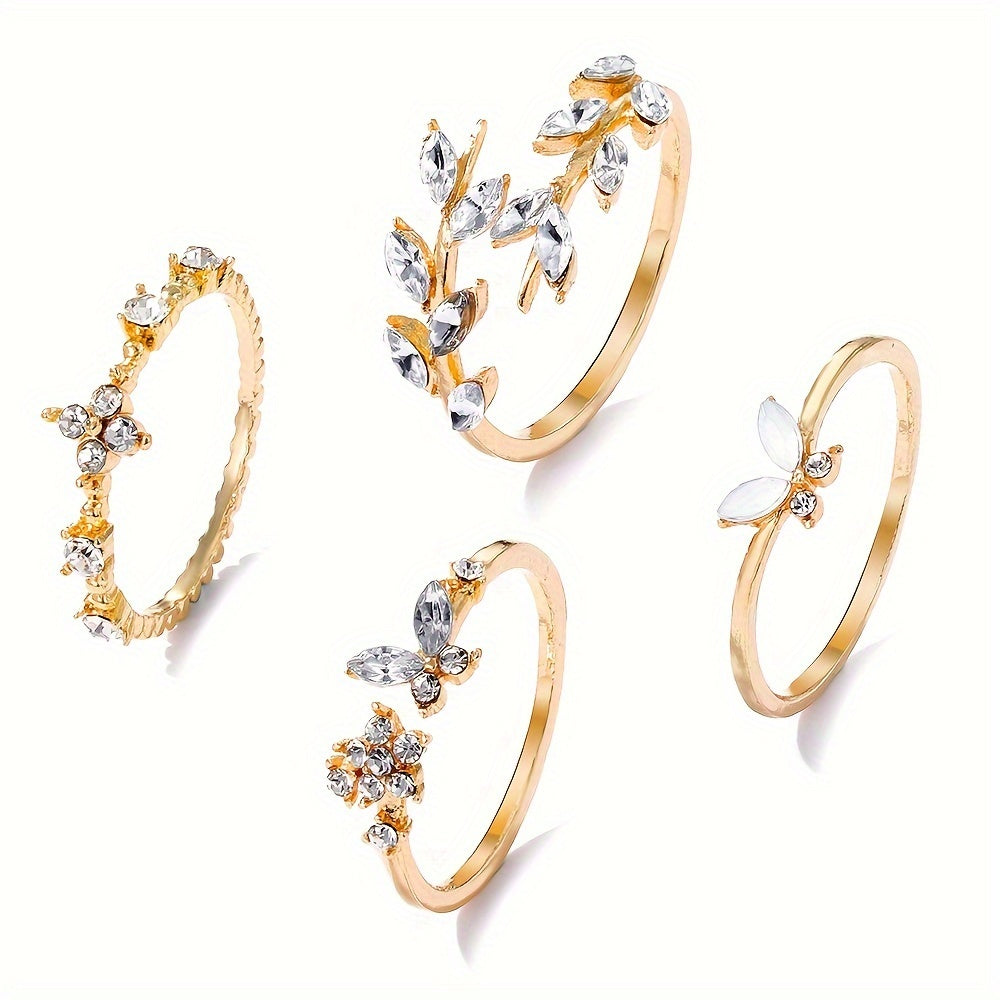 4PCS Dazzling Gemstone Stacking Rings - Adjustable Leaf/Butterfly/Flower Designs - Fashion-Forward Party Accessories for Daily Wear and Mix & Match
