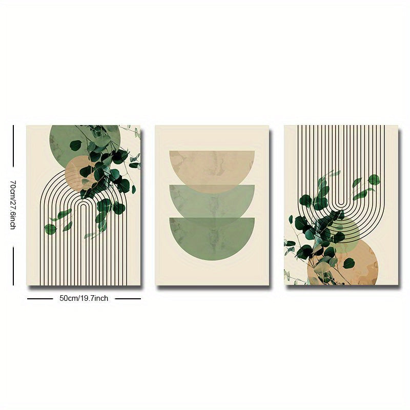 3pcs Boho Green Plant Eucalyptus Leaf Geometry Graphic Art Poster - Retro Canvas Print For Modern Wall Decor In Living Room And Home