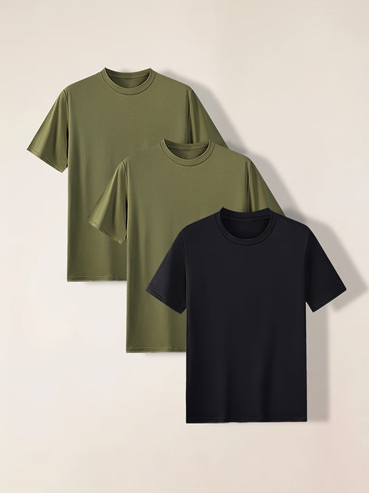 3-Pack Mens Short Sleeve T-shirt Set - Comfortable Solid Stretch, Round Neck, Casual Style - Breathable Summer Clothing for Everyday Wear