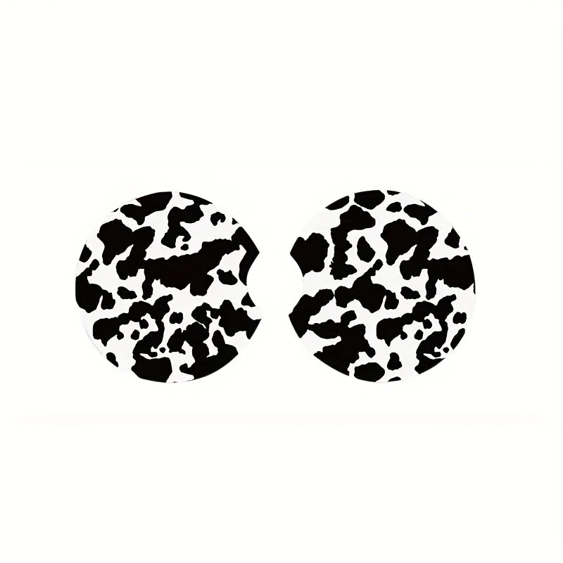 2pcs Stylish Black and White Cow Pattern Car Coasters - Non-Slip, Heat Insulation, Durable, Water-Resistant, Easy to Clean, Suitable for Women, Couple Gifts, Car Interior Accessories, Perfect for Any Vehicle