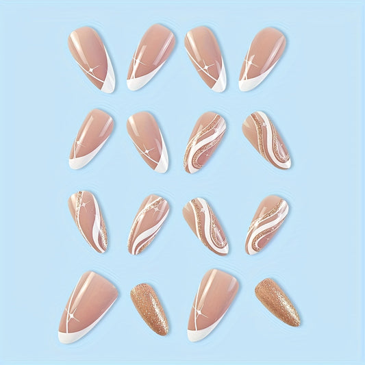 Almond Press On Nails Medium French Tips Fake Nails Golden Lines Glitter Fake Glossy Full Cover Acrylic Nails Stick On Nails False Nails For Women&Girls 24pcs
