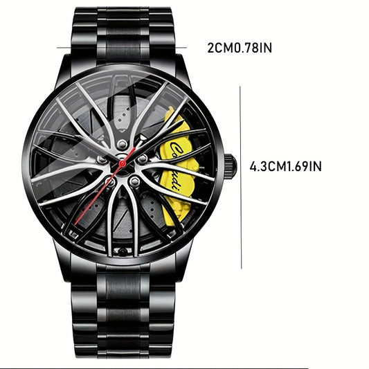 1pc Men's Watch, Car Wheel Hub Caliper Luminous Steel Band Three-dimensional Hollow Sports Wrist Watch, Ideal choice for Gifts