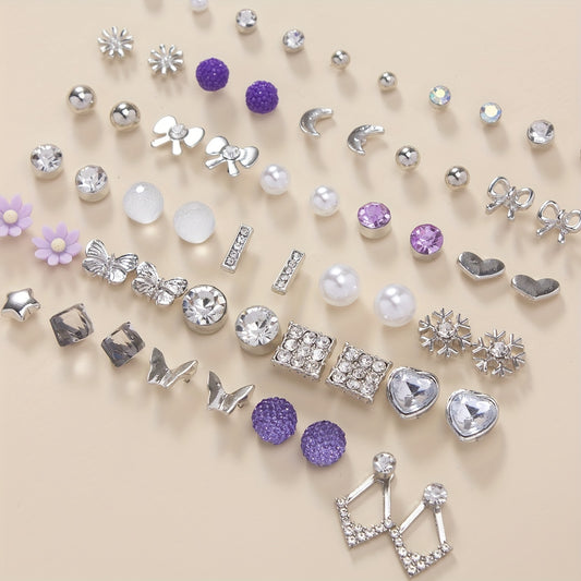 30pairs Love Heart Faux Pearl Rhinestone Flower Butterfly Snowflake Exquisite Simple Stud Earrings Set