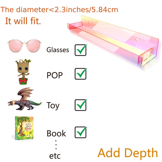 4-Pack 15" Iridescent Acrylic Clear Rainbow Floating Shelves for Book, Nail Polish, Sunglasses, Essential Oil, Picture, Toy Display and Storage