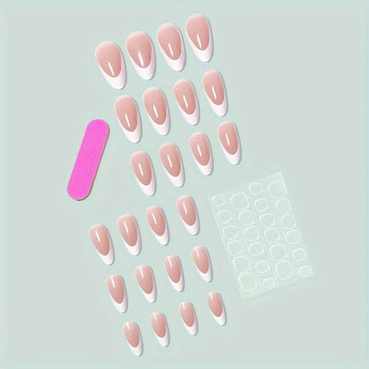 24pcs Medium Almond Shaped Press On Nails Set - Glossy Full Cover False Nails with French Tip Design, Nude and Fair Color Tones, Includes Nail File and Jelly Glue for Easy Application - Perfect for Women and Girls