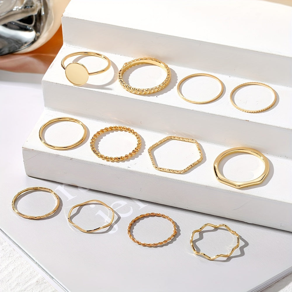 12pc Y2k Stacking Rings Set - Fashionable Wave, Intertwined, Minimalist Bands - Versatile Mix & Match for Daily Glam & Parties