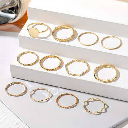 12pc Y2k Stacking Rings Set - Fashionable Wave, Intertwined, Minimalist Bands - Versatile Mix & Match for Daily Glam & Parties