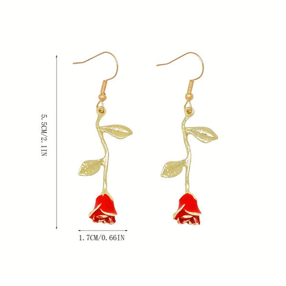 Rose Flower Design Red Dangle Earrings Sexy Cute Style Zinc Alloy Ear Jewelry Wedding Party Ornaments