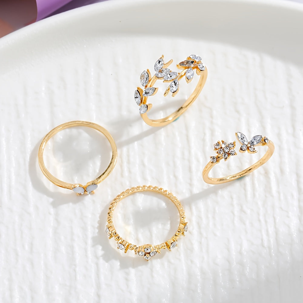 4PCS Dazzling Gemstone Stacking Rings - Adjustable Leaf/Butterfly/Flower Designs - Fashion-Forward Party Accessories for Daily Wear and Mix & Match