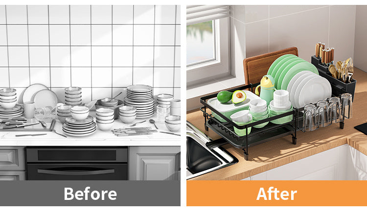 1pc Large Dish Drying Rack, Extendable Dish Rack, Multifunctional Dish Rack For Kitchen Counter, Anti-Rust Drying Dish Rack With Cutlery & Cup Holders, Home Kitchen Accessories
