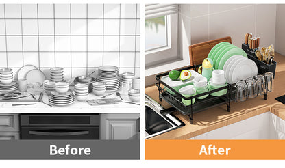 1pc Large Dish Drying Rack, Extendable Dish Rack, Multifunctional Dish Rack For Kitchen Counter, Anti-Rust Drying Dish Rack With Cutlery & Cup Holders, Home Kitchen Accessories