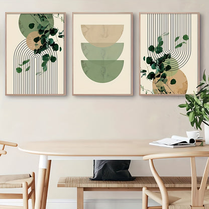 3pcs Boho Green Plant Eucalyptus Leaf Geometry Graphic Art Poster - Retro Canvas Print For Modern Wall Decor In Living Room And Home