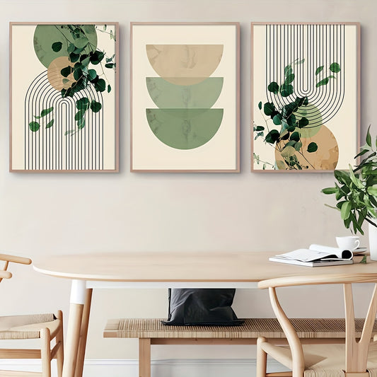 3pcs Boho Green Plant Eucalyptus Leaf Geometry Graphic Art Poster - Retro Canvas Print For Modern Wall Decor In Living Room And Home