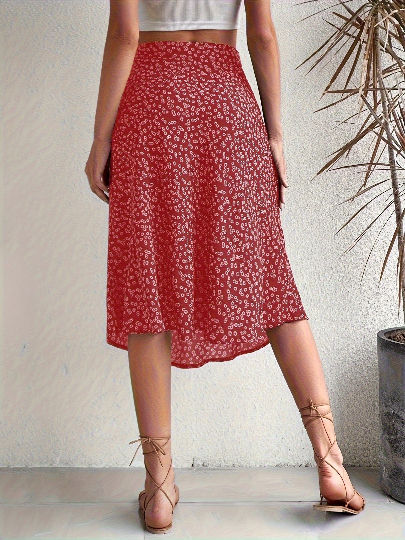 Boho Floral Print Split Skirts, Elegant High Waist Midi Skirts For Spring & Summer, Women's Clothing