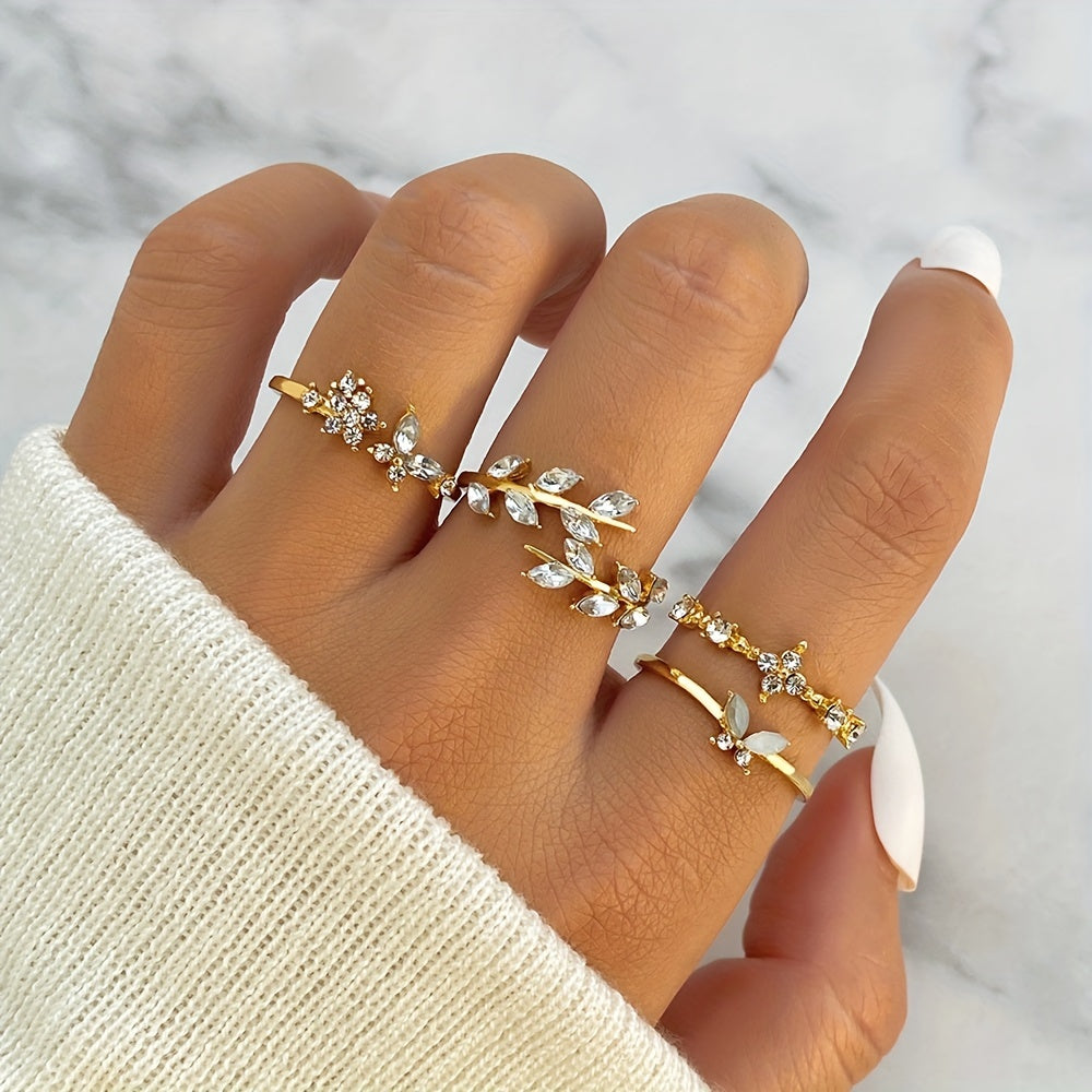 4PCS Dazzling Gemstone Stacking Rings - Adjustable Leaf/Butterfly/Flower Designs - Fashion-Forward Party Accessories for Daily Wear and Mix & Match