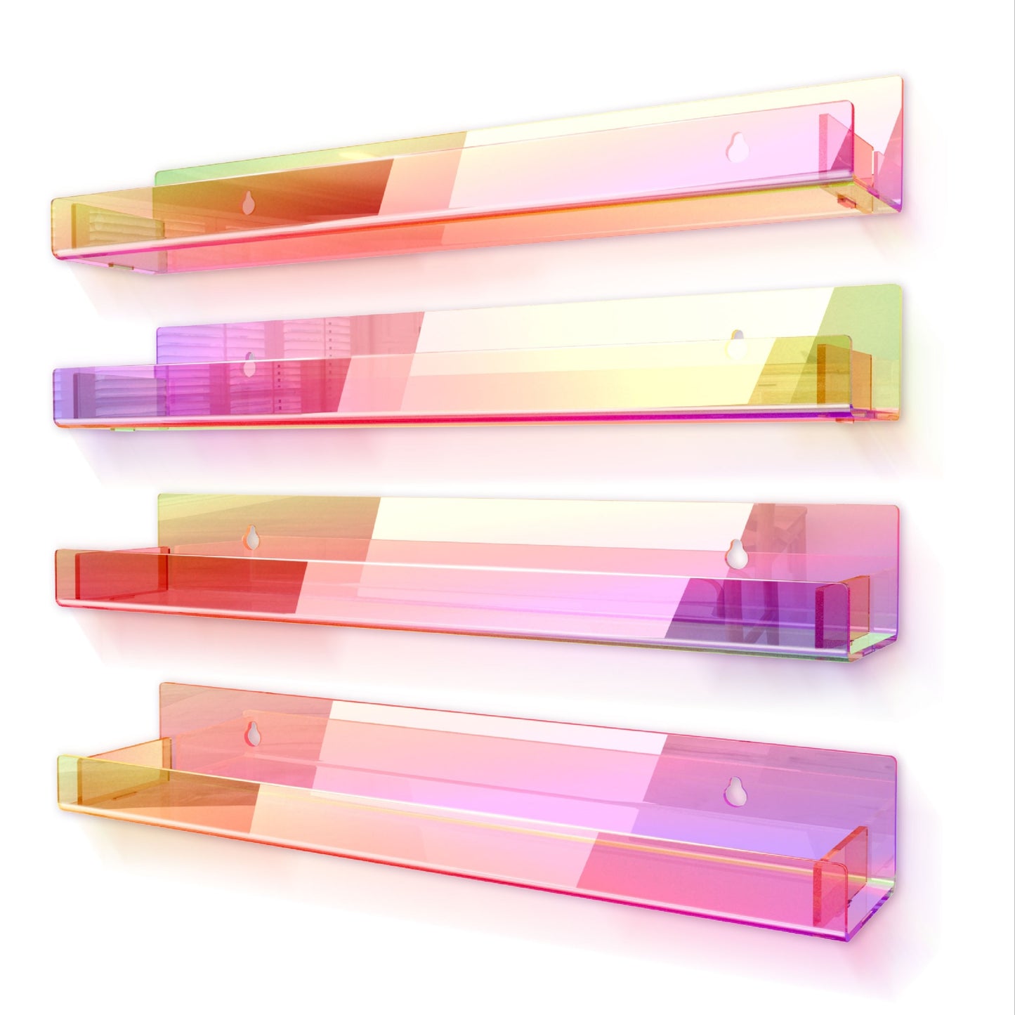 4-Pack 15" Iridescent Acrylic Clear Rainbow Floating Shelves for Book, Nail Polish, Sunglasses, Essential Oil, Picture, Toy Display and Storage