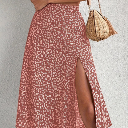 Boho Floral Print Split Skirts, Elegant High Waist Midi Skirts For Spring & Summer, Women's Clothing
