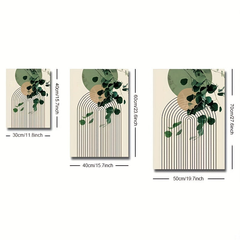 3pcs Boho Green Plant Eucalyptus Leaf Geometry Graphic Art Poster - Retro Canvas Print For Modern Wall Decor In Living Room And Home