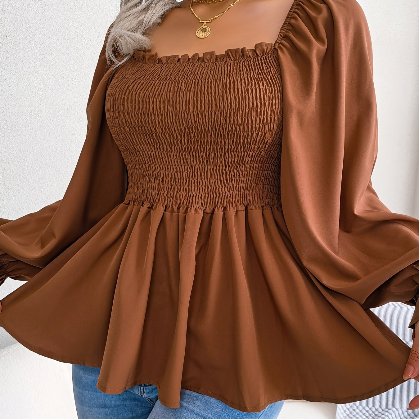 [Chic Blouse] Soft Chiffon Women's Casual Chic Square Neck Blouse | Long Sleeve Top with Flared Sleeves & Ruffled Hem - Solid Color, Machine Washable, Autumn Apparel, Versatile Clothing