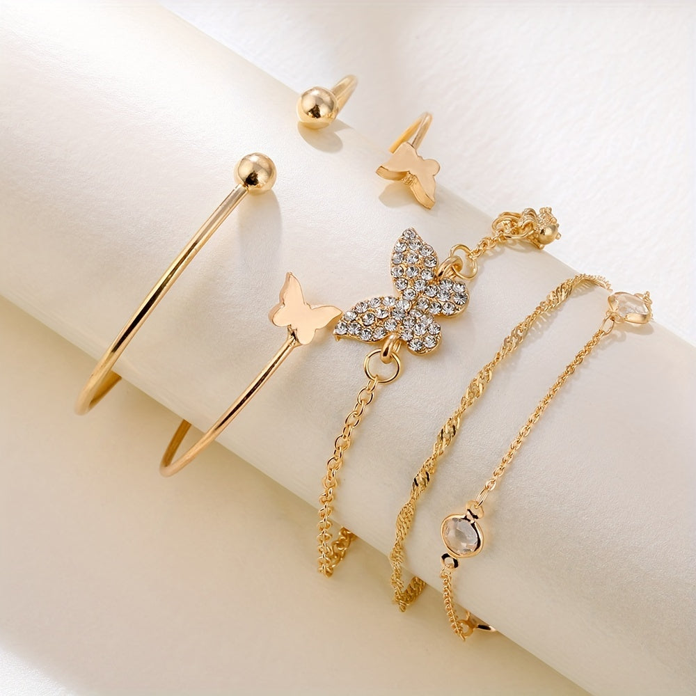 5pcs Elegant Alloy Bracelet Set with Rhinestone Butterfly Charms, Simple Daily & Gift Occasion Jewelry, All-Season Accessory
