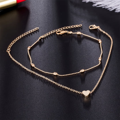 Elegant Double-Layered Beaded Heart Anklet for Women - Golden-Tone Alloy with Floating Beads, Perfect for Summer Beach & Casual Attire