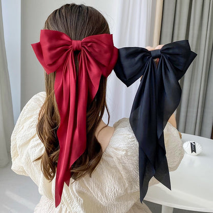 Korean Style Large Red Bow Hair Clip for Women - Long Ribbon Butterfly Hair Accessory with Secure Hold, Elegant Hairpin for Long Hair, Versatile for Casual & Formal Events, Hair Accessories, Formal Hairpiece, Sophisticated De