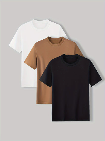 3-Pack Mens Short Sleeve T-shirt Set - Comfortable Solid Stretch, Round Neck, Casual Style - Breathable Summer Clothing for Everyday Wear