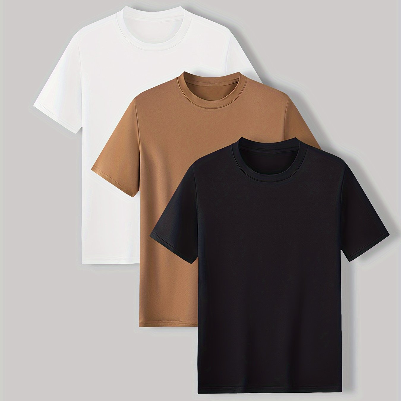 3-Pack Mens Short Sleeve T-shirt Set - Comfortable Solid Stretch, Round Neck, Casual Style - Breathable Summer Clothing for Everyday Wear