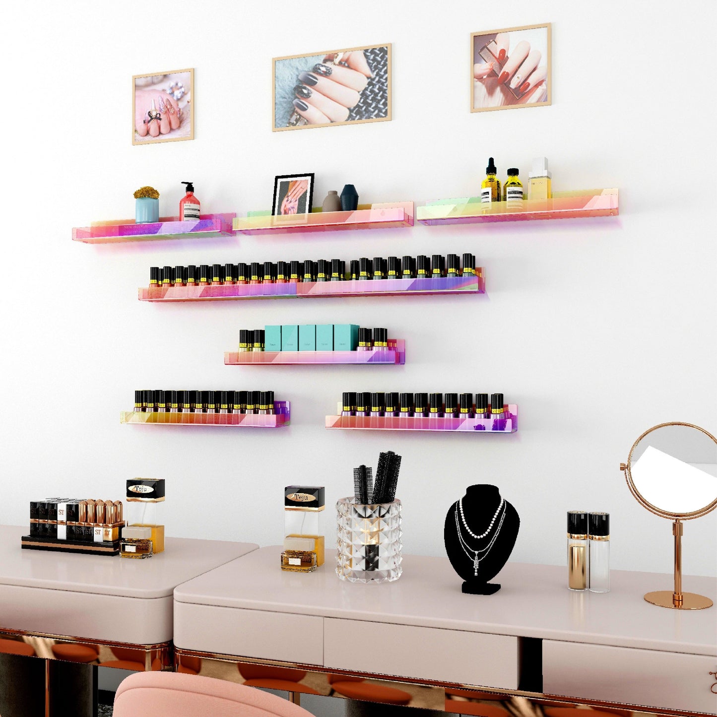 4-Pack 15" Iridescent Acrylic Clear Rainbow Floating Shelves for Book, Nail Polish, Sunglasses, Essential Oil, Picture, Toy Display and Storage