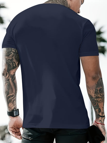 Print Men's Trendy Short Sleeve T-shirts, Comfy Casual Breathable Tops For Men's Fitness Training, Jogging, Outdoor Activities
