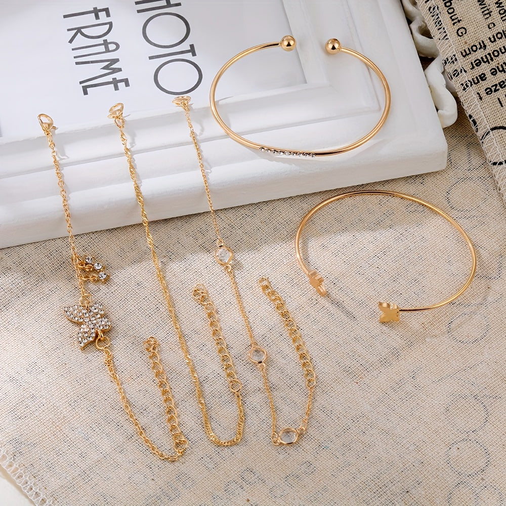 5pcs Elegant Alloy Bracelet Set with Rhinestone Butterfly Charms, Simple Daily & Gift Occasion Jewelry, All-Season Accessory