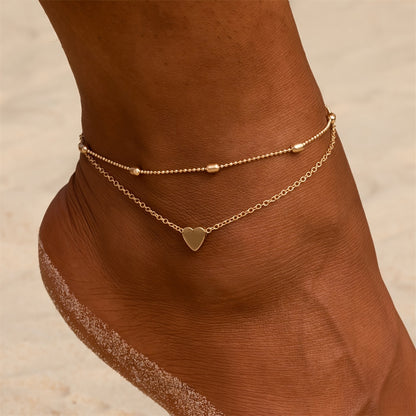 Elegant Double-Layered Beaded Heart Anklet for Women - Golden-Tone Alloy with Floating Beads, Perfect for Summer Beach & Casual Attire