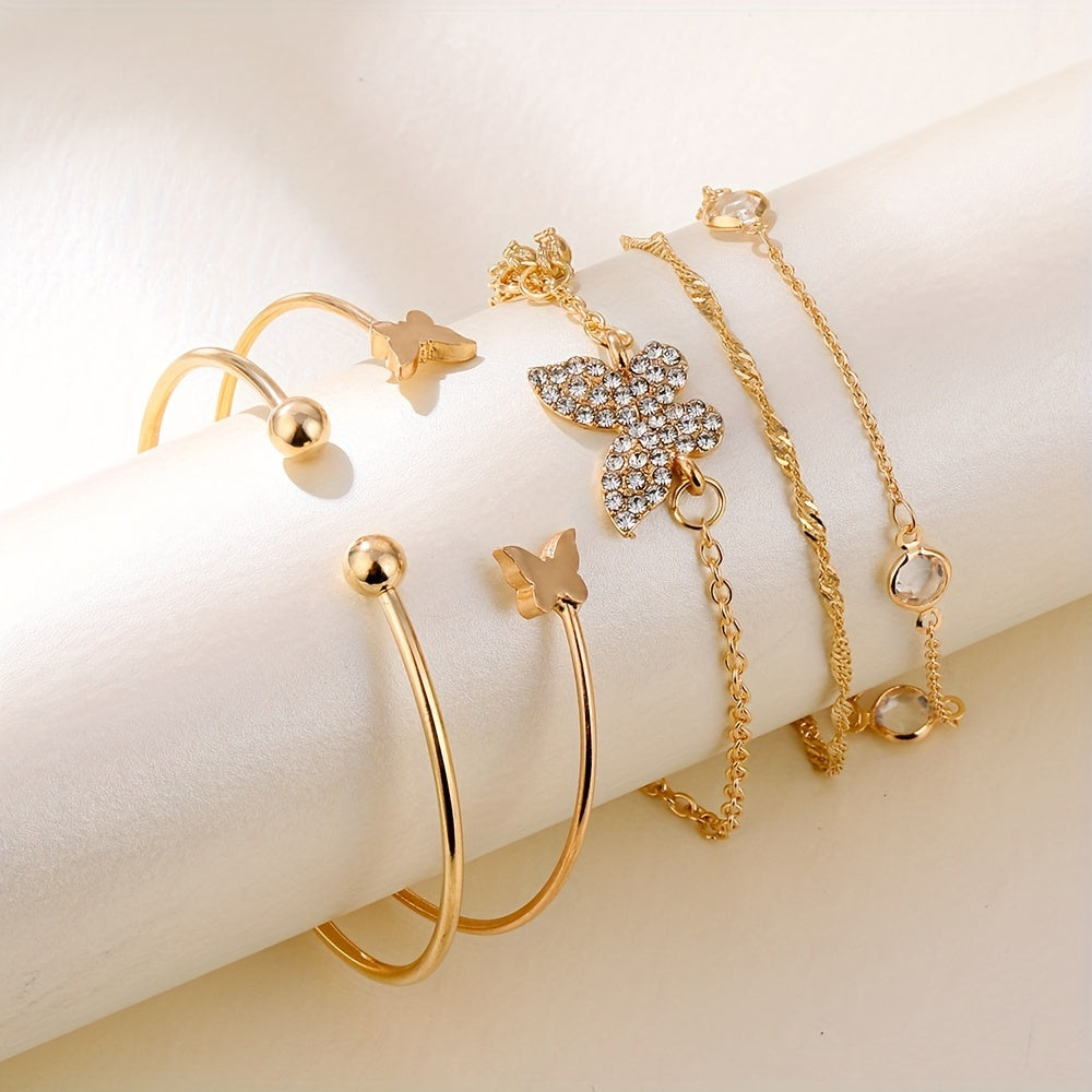 5pcs Elegant Alloy Bracelet Set with Rhinestone Butterfly Charms, Simple Daily & Gift Occasion Jewelry, All-Season Accessory