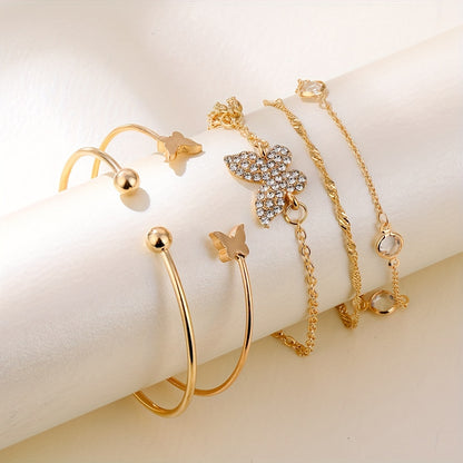 5pcs Elegant Alloy Bracelet Set with Rhinestone Butterfly Charms, Simple Daily & Gift Occasion Jewelry, All-Season Accessory