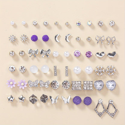 30pairs Love Heart Faux Pearl Rhinestone Flower Butterfly Snowflake Exquisite Simple Stud Earrings Set