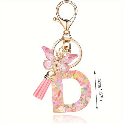 Alphabet Initial Letter Keychain Cute Butterfly Key Chain Ring Purse Bag Backpack Charm Earbud Case Cover Accessories Women Gift