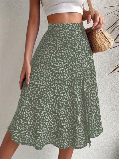 Boho Floral Print Split Skirts, Elegant High Waist Midi Skirts For Spring & Summer, Women's Clothing