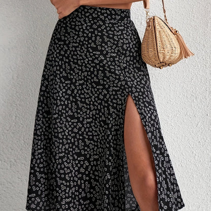 Boho Floral Print Split Skirts, Elegant High Waist Midi Skirts For Spring & Summer, Women's Clothing