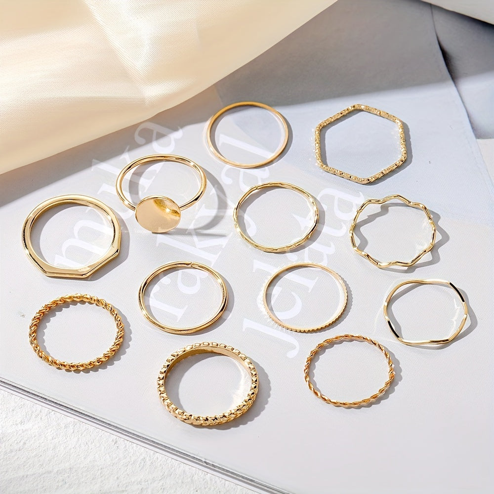 12pc Y2k Stacking Rings Set - Fashionable Wave, Intertwined, Minimalist Bands - Versatile Mix & Match for Daily Glam & Parties