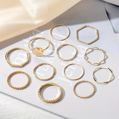 12pc Y2k Stacking Rings Set - Fashionable Wave, Intertwined, Minimalist Bands - Versatile Mix & Match for Daily Glam & Parties