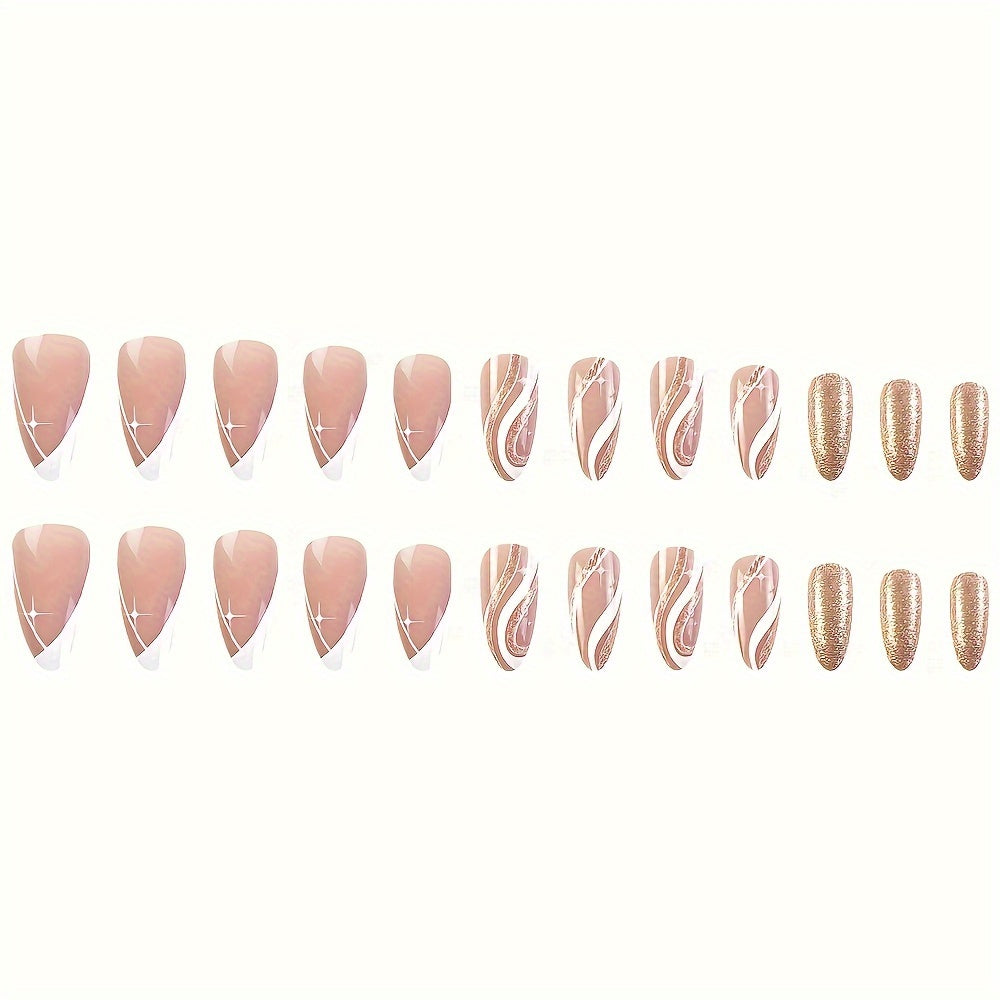 Almond Press On Nails Medium French Tips Fake Nails Golden Lines Glitter Fake Glossy Full Cover Acrylic Nails Stick On Nails False Nails For Women&Girls 24pcs