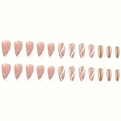 Almond Press On Nails Medium French Tips Fake Nails Golden Lines Glitter Fake Glossy Full Cover Acrylic Nails Stick On Nails False Nails For Women&Girls 24pcs