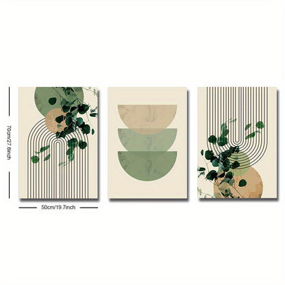 3pcs Boho Green Plant Eucalyptus Leaf Geometry Graphic Art Poster - Retro Canvas Print For Modern Wall Decor In Living Room And Home
