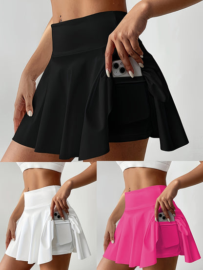 Black, white, and pink tennis skirts with a pocket on a gray background