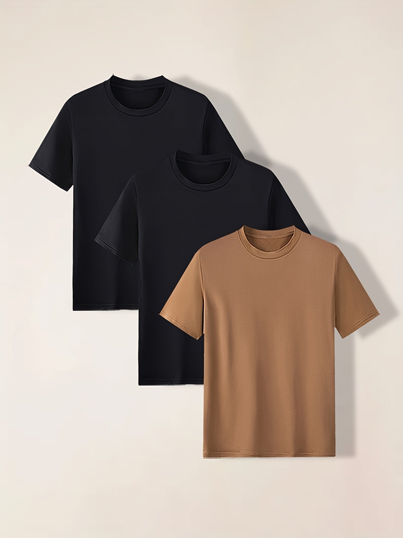 3-Pack Mens Short Sleeve T-shirt Set - Comfortable Solid Stretch, Round Neck, Casual Style - Breathable Summer Clothing for Everyday Wear
