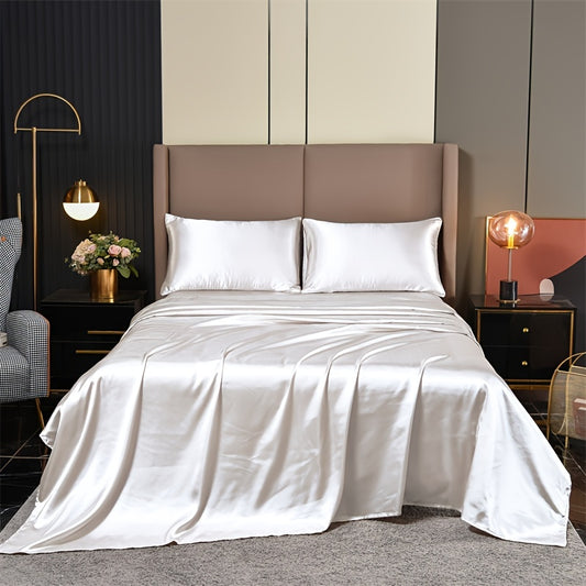 4-Piece Luxurious Satin Bedding Set - Silky Smooth, Breathable Comfort for All Seasons - Ideal for Home and Hotel - Includes Flat Sheet, Elasticized Fitted Sheet, and 2 Pillowcases