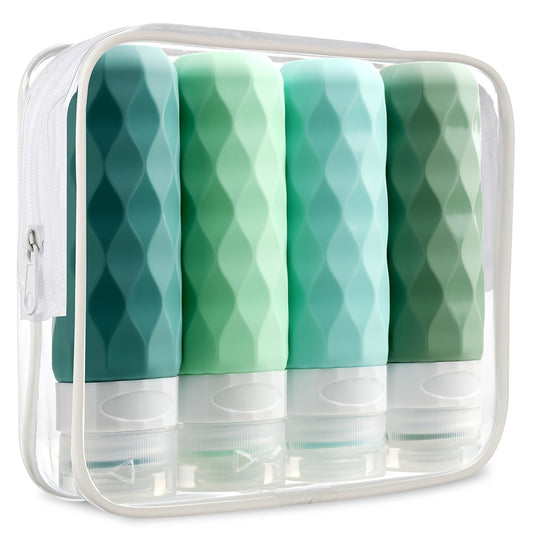 4pcs TSA-Approved Silicone Travel Bottles, 3oz Leak-Proof & Squeezable, Containers in Teal & Green with Chevron Design, Portable Toiletry Accessories for Shampoo, Conditioner, Lotion - Hand Wash Only