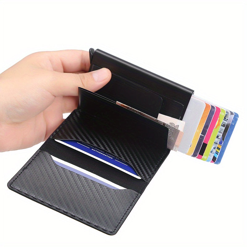 OBCREATOR Carbon Fiber RFID Blocking Wallet, Slim Metal Pop-Up Credit Card Holder, Aluminum Alloy, Non-Braided, Simple Style, Black, Minimalist Design for Men