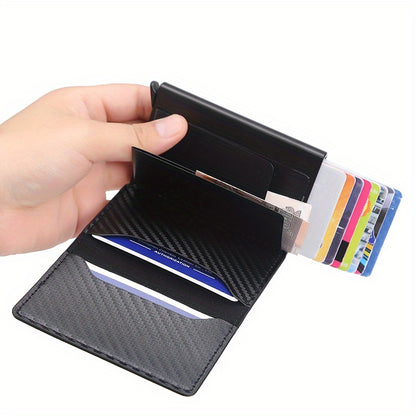 OBCREATOR Carbon Fiber RFID Blocking Wallet, Slim Metal Pop-Up Credit Card Holder, Aluminum Alloy, Non-Braided, Simple Style, Black, Minimalist Design for Men