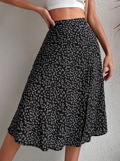 Boho Floral Print Split Skirts, Elegant High Waist Midi Skirts For Spring & Summer, Women's Clothing